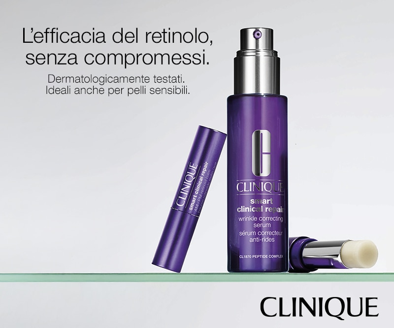 Clinique Smart Clinical Repair siero correttivo rughe e stick su superficie trasparente. Testo: L’efficacia del retinolo, senza compromessi. Dermatologicamente testati. Ideali anche per pelli sensibili.
